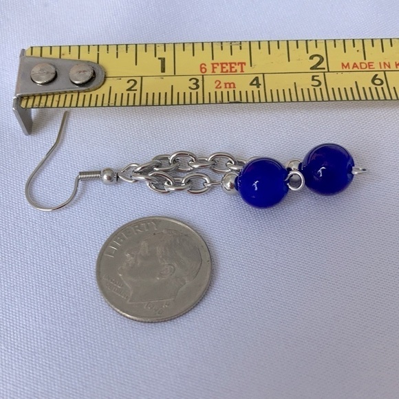 Cobalt Blue Stainless Steel Chain Beaded Earrings - Picture 5 of 9